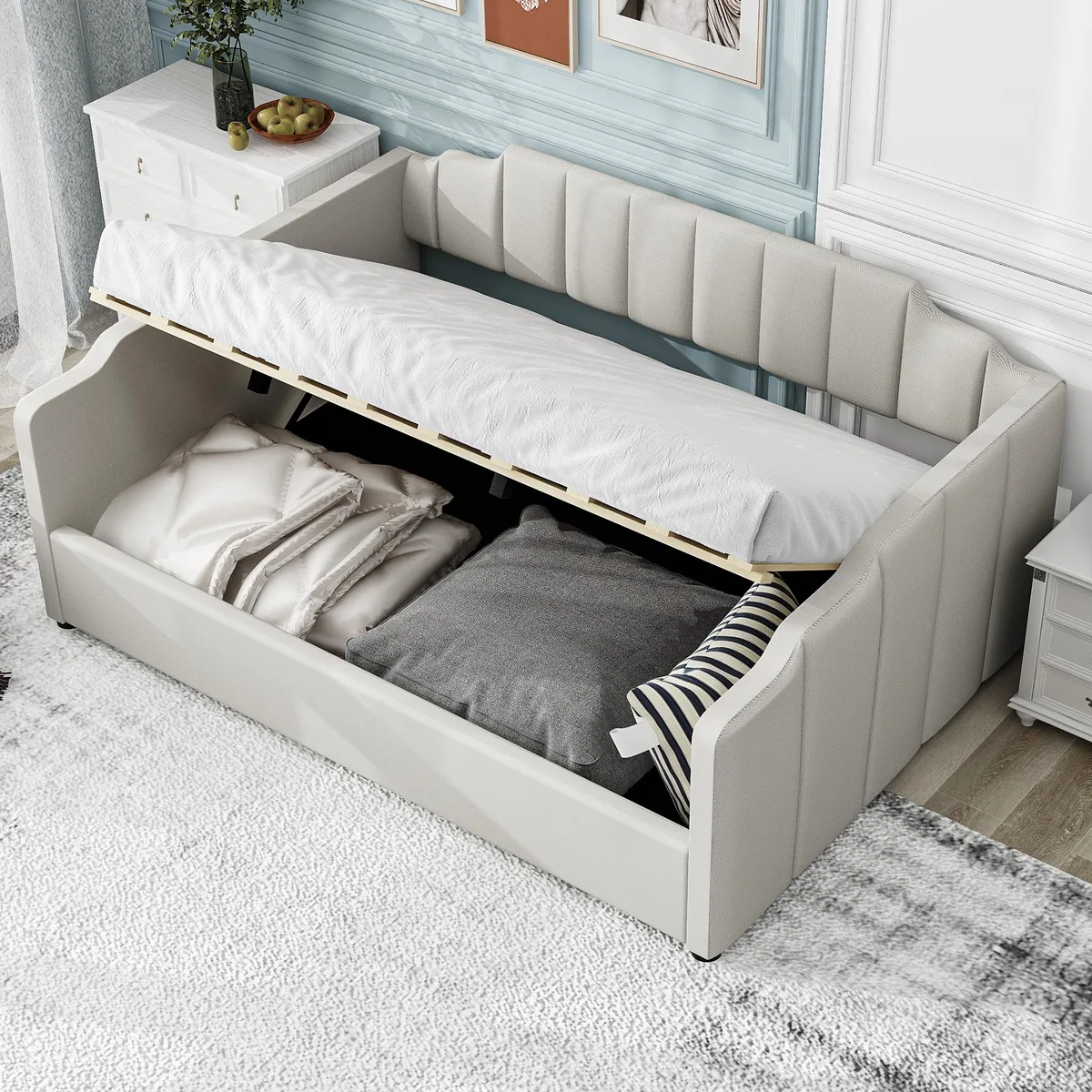 Beige upholstered full-size daybed with storage drawer underneath
