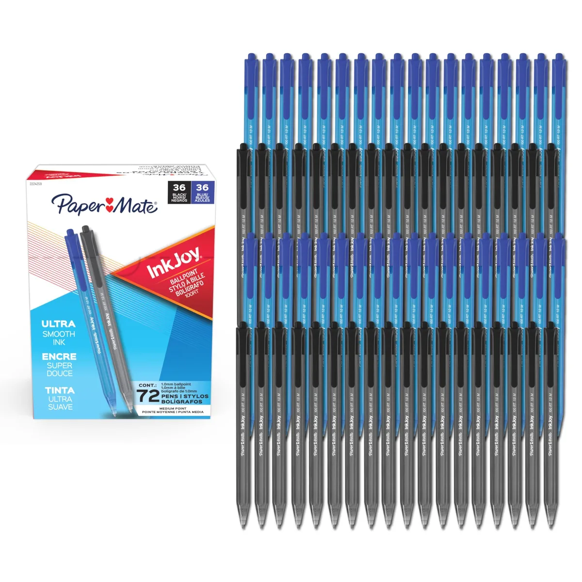 Bulk box of 72 retractable ballpoint pens in black and blue