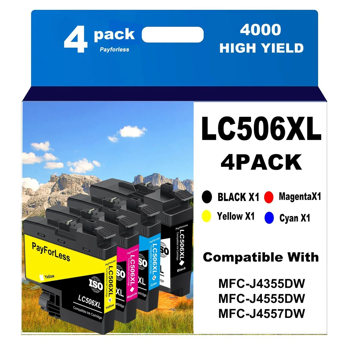 Four rectangular ink cartridges in black cyan magenta yellow standing side by side