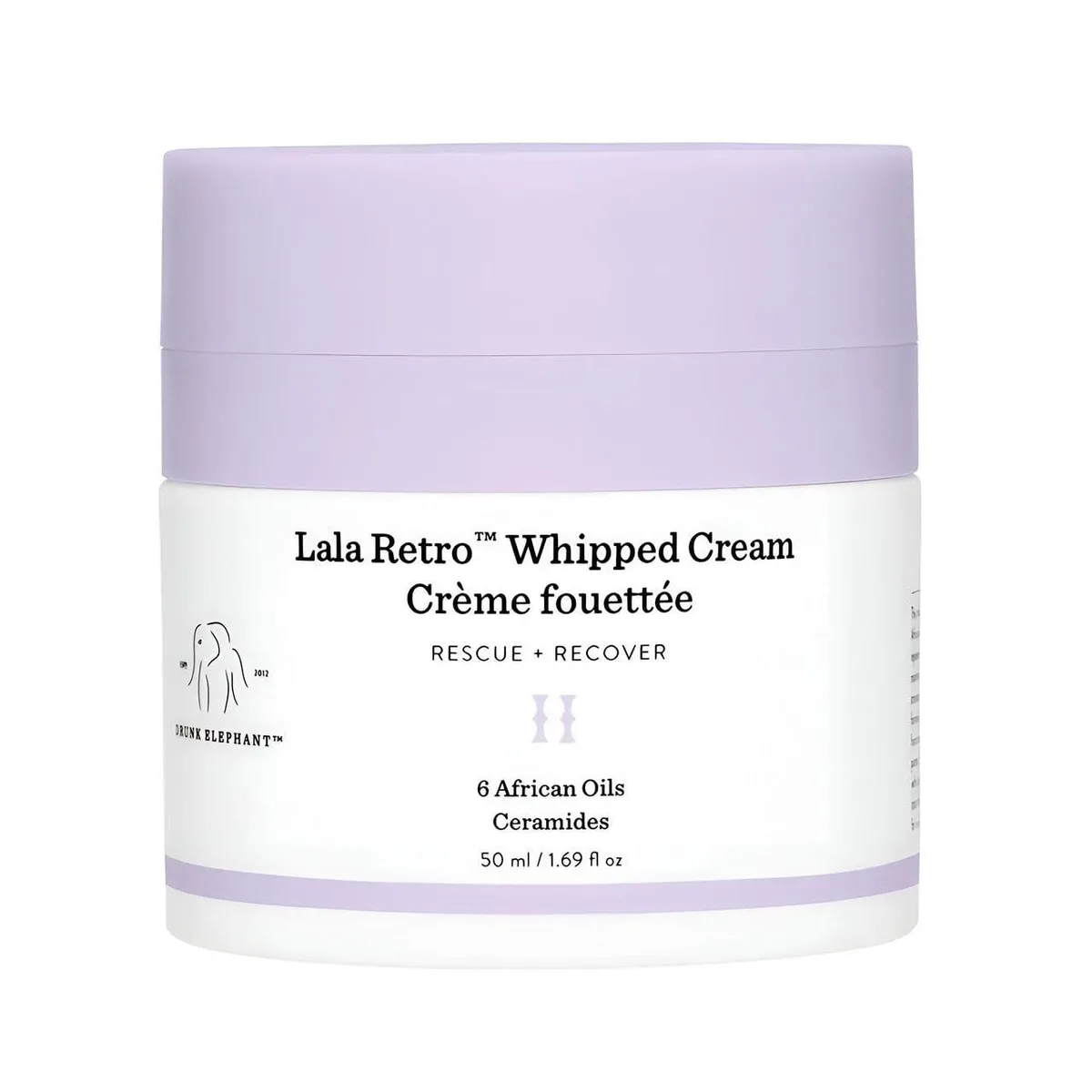 White jar with black lid containing whipped cream moisturiser