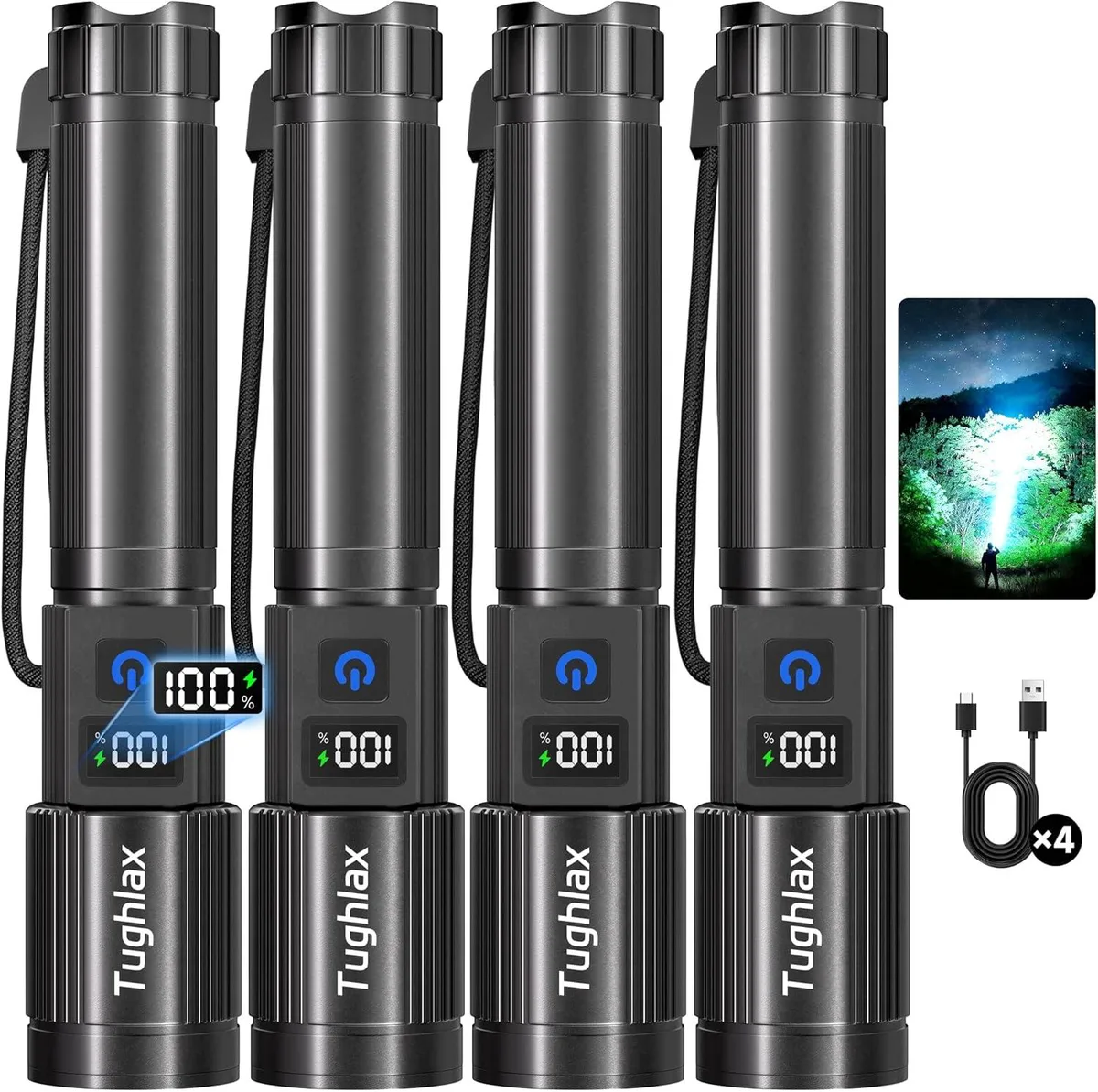 Four rechargeable flashlights with LCD power displays