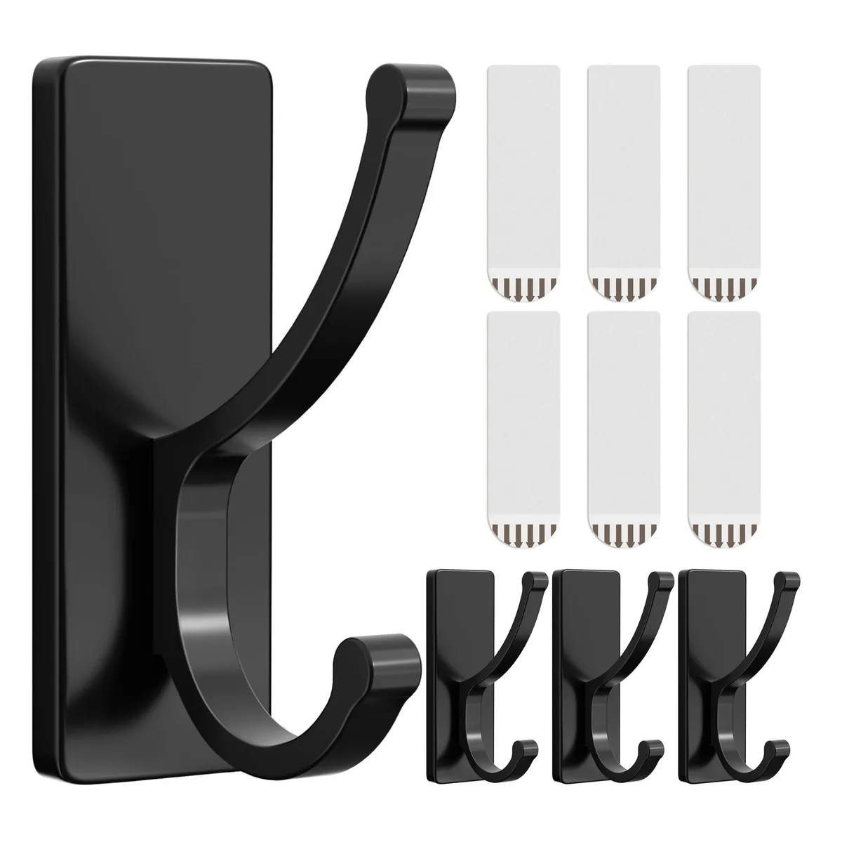 Four black adhesive wall hooks on a strip