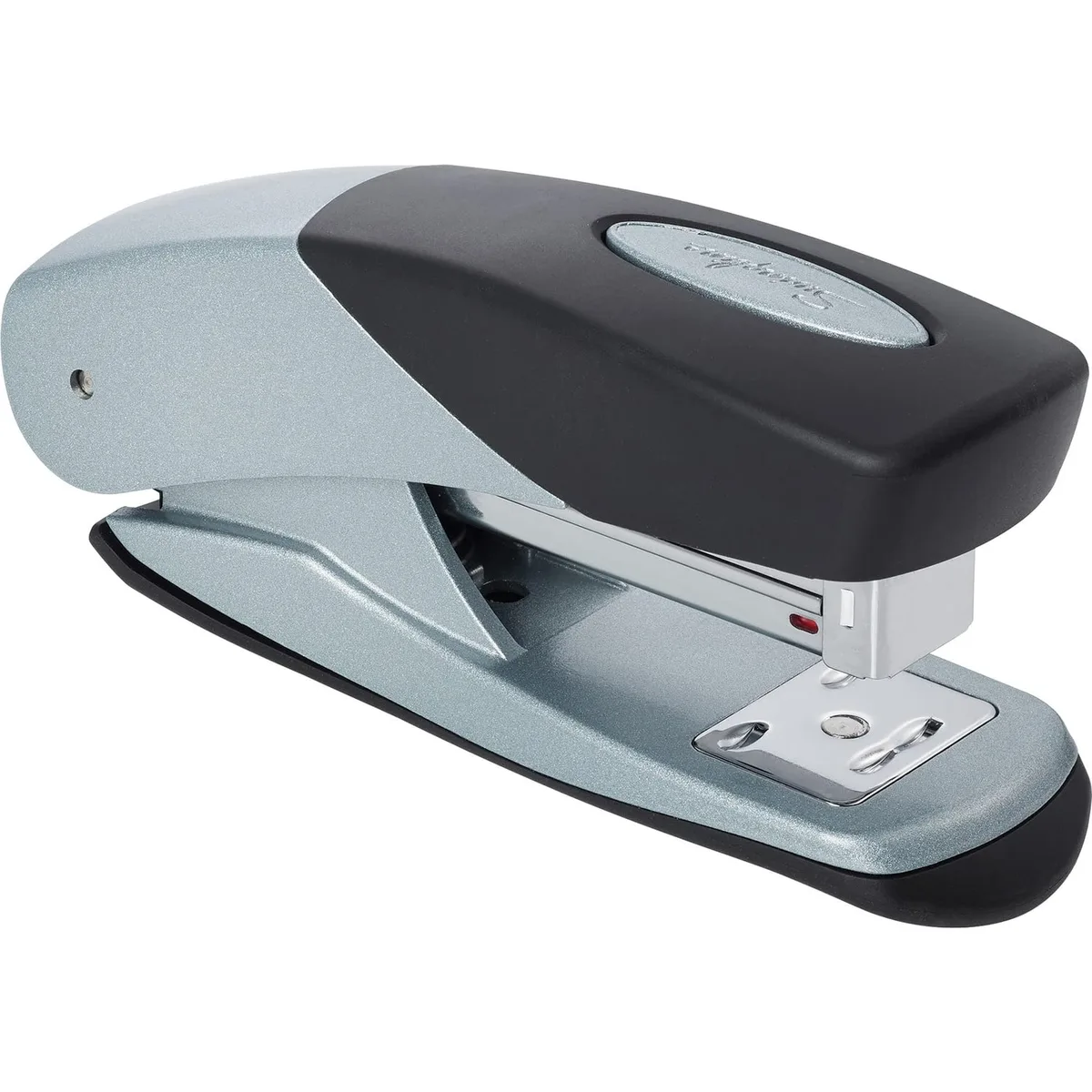 Compact silver and black metal stapler with soft grip and built-in remover