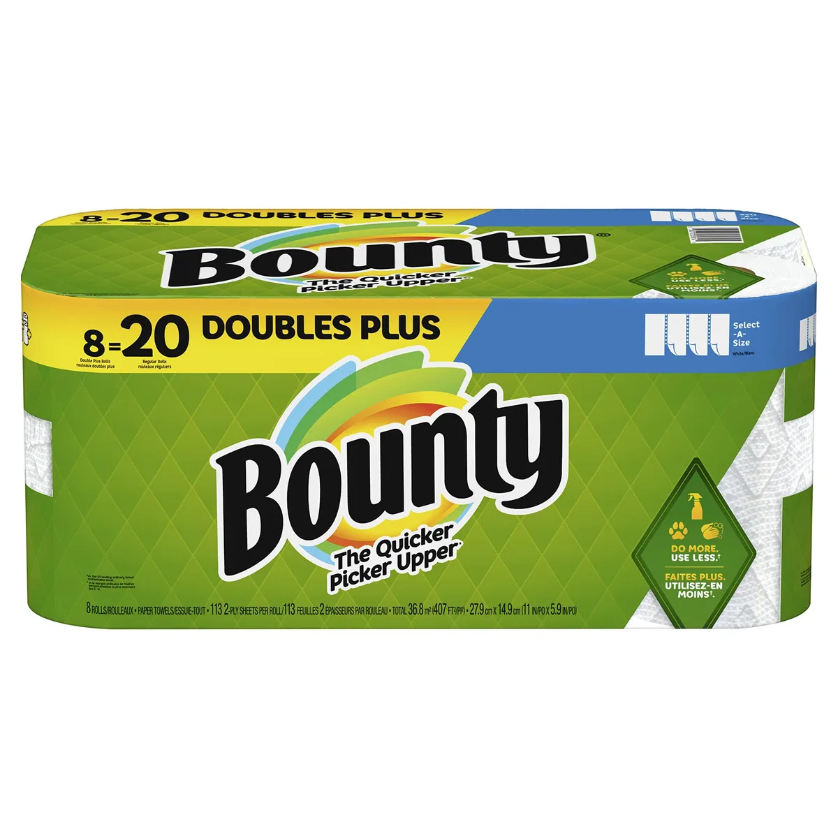 Eight white double-plus rolls of Bounty Select-A-Size paper towels, 2-ply sheets with perforated tear lines