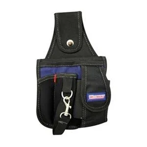 Black polyester tool pouch with four open-top pockets and belt-slot attachment