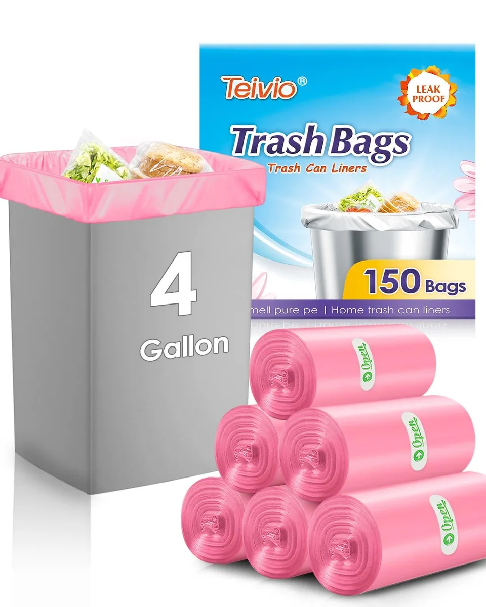 Pink plastic trash bags in a 150-count roll pack