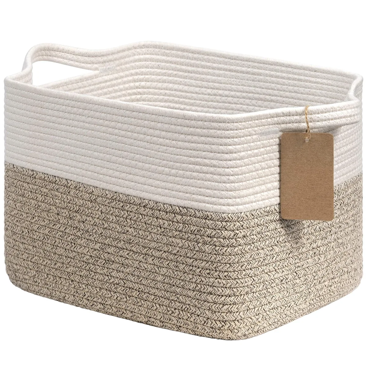 Rectangular light-brown woven rope basket with handles, 13 x 10 inches