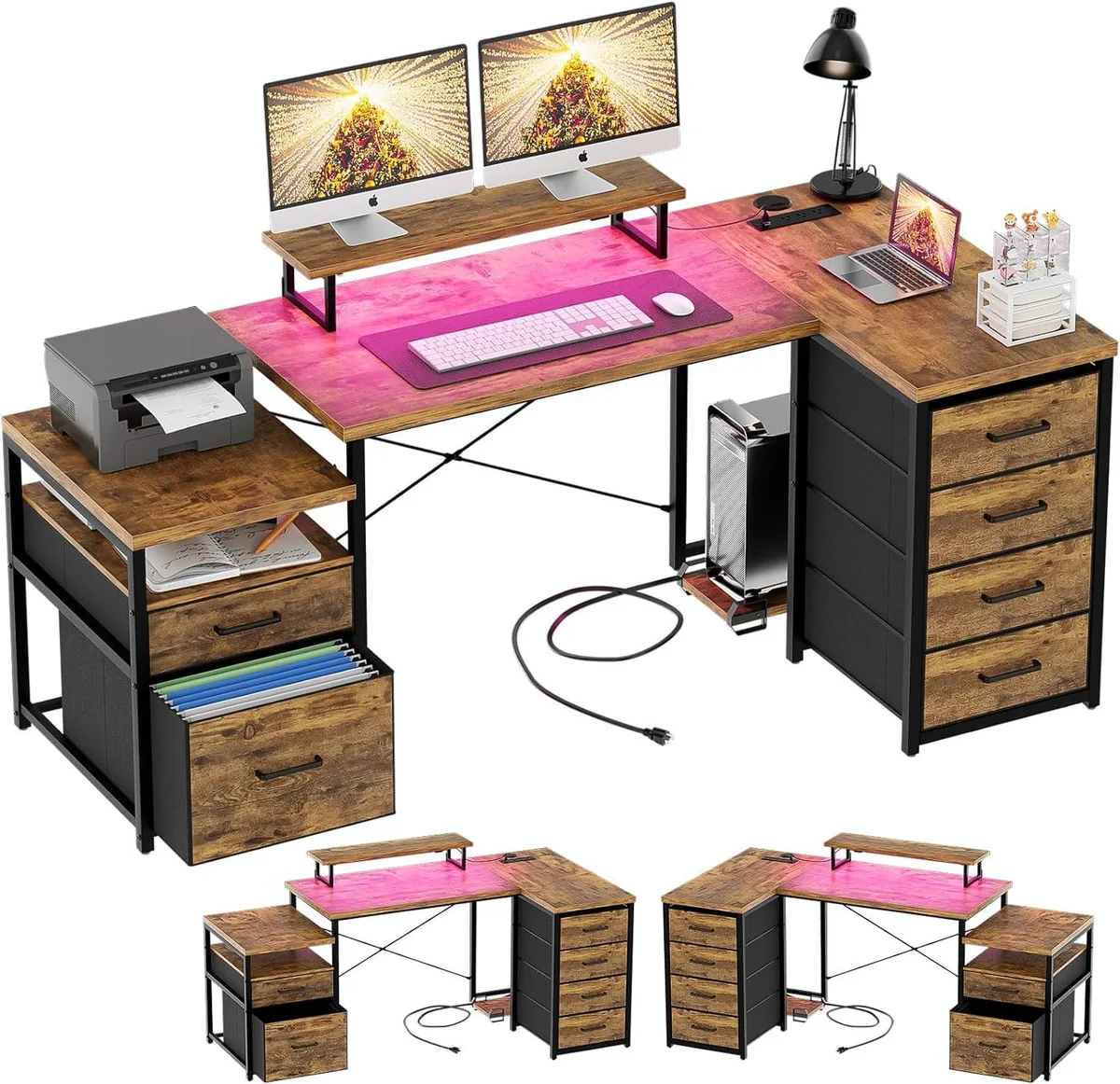 BFKK BFKK 70.8" Reversible L-Shaped Desk with Fabric Drawers, RGB LED, Power Outlets &amp; Monitor Stand, Rustic Brown — product photo