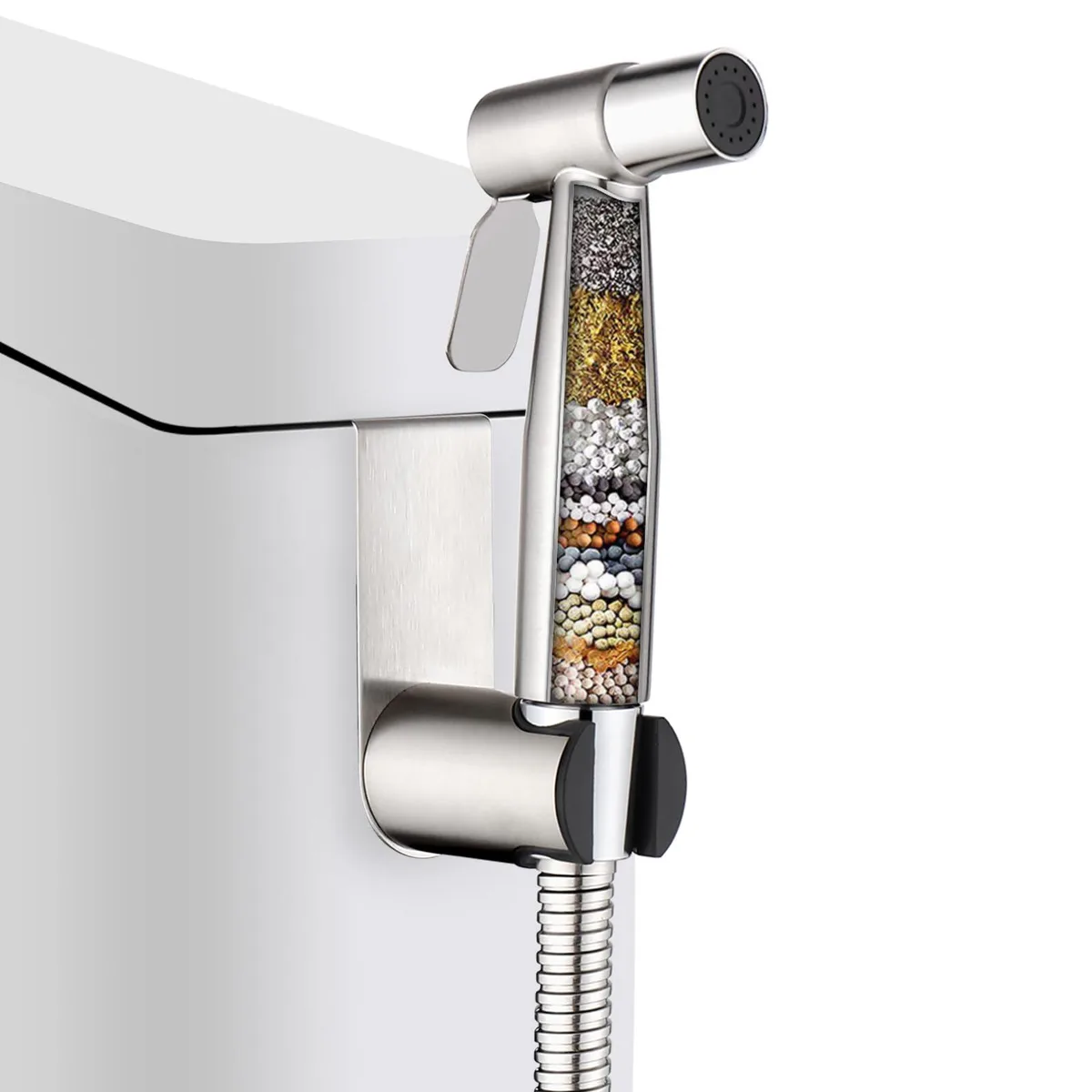 Black handheld bidet sprayer with filter and stainless steel hose