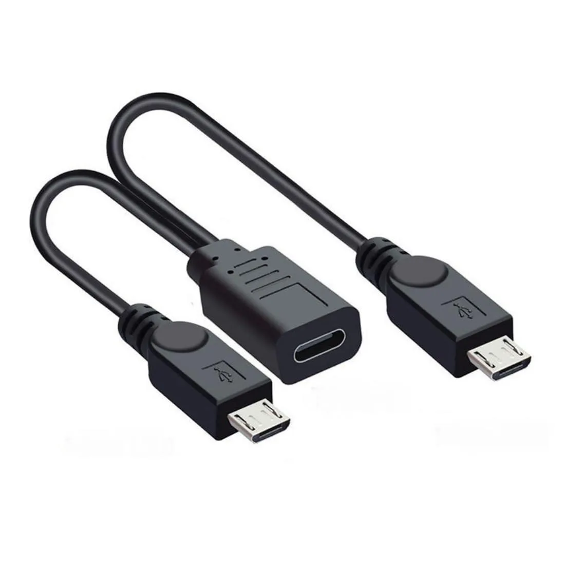 A short USB-C cable splitting into two Micro-USB connectors, black finish