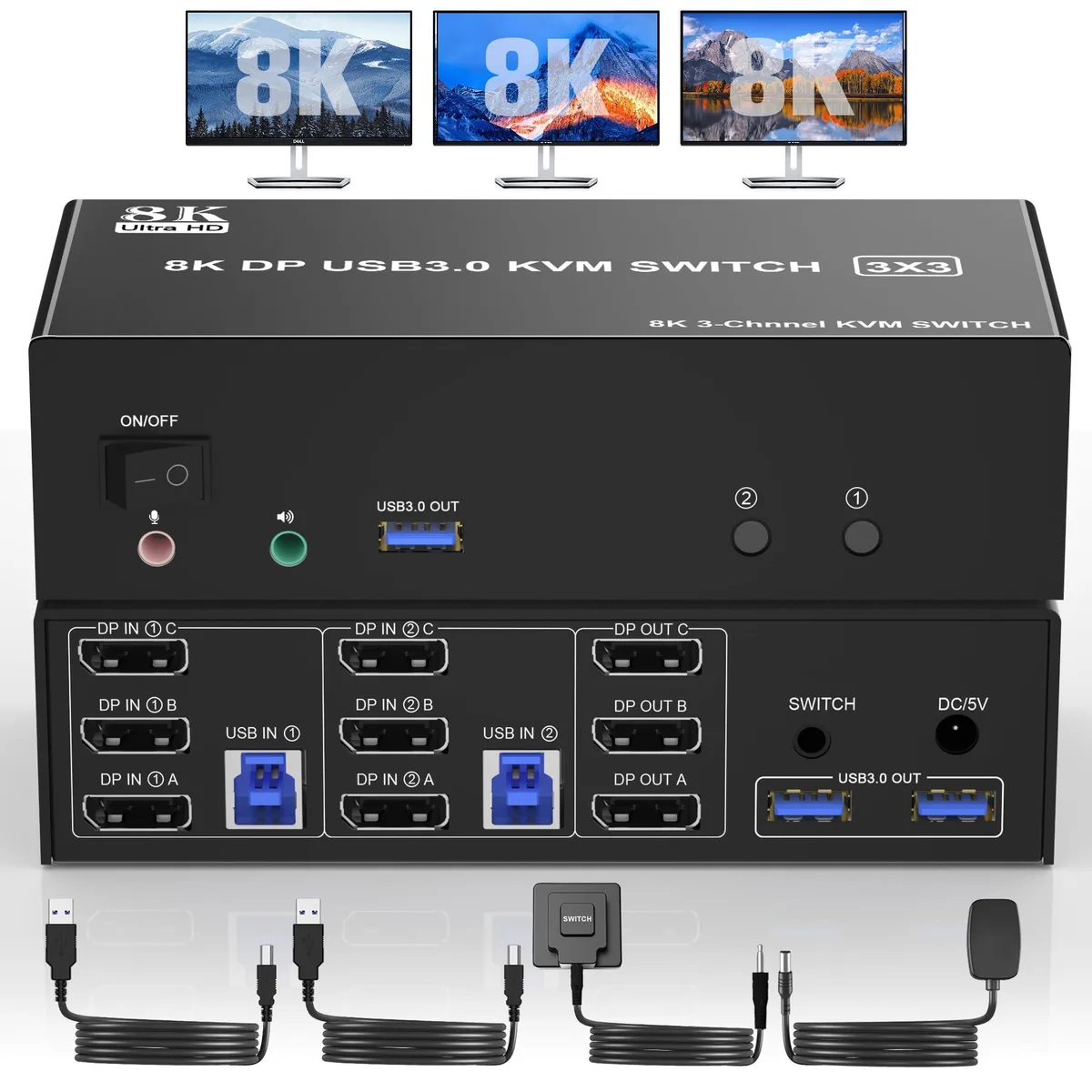 Vszerda Vszerda DP203B-USB3.0-F 8K60Hz DisplayPort KVM Switch 3 Monitors 2 Computers — product photo