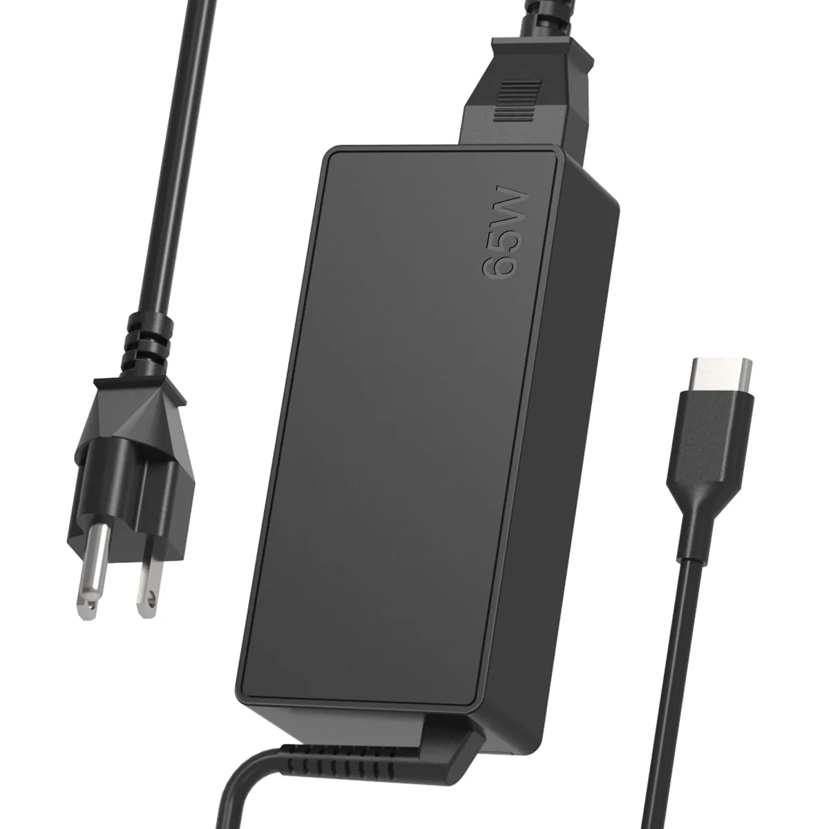 Compact black USB-C laptop charger with UK three-pin plug and detachable cable