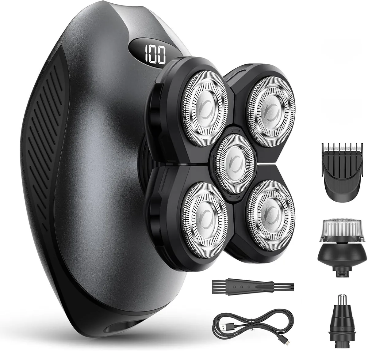 Gray rotary shaver with five floating heads and detachable trimmer attachments