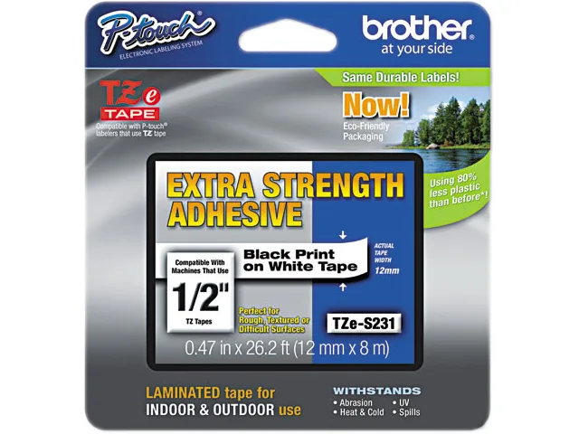 Brother Brother TZES231 12mm .47in Black on White Extra Strength Adhesive Tape 26.2ft — product photo