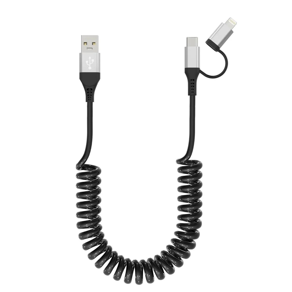 Orange coiled 2-in-1 USB-A cable with USB-C and Lightning connectors, compact spring design stretches to 1.8 m
