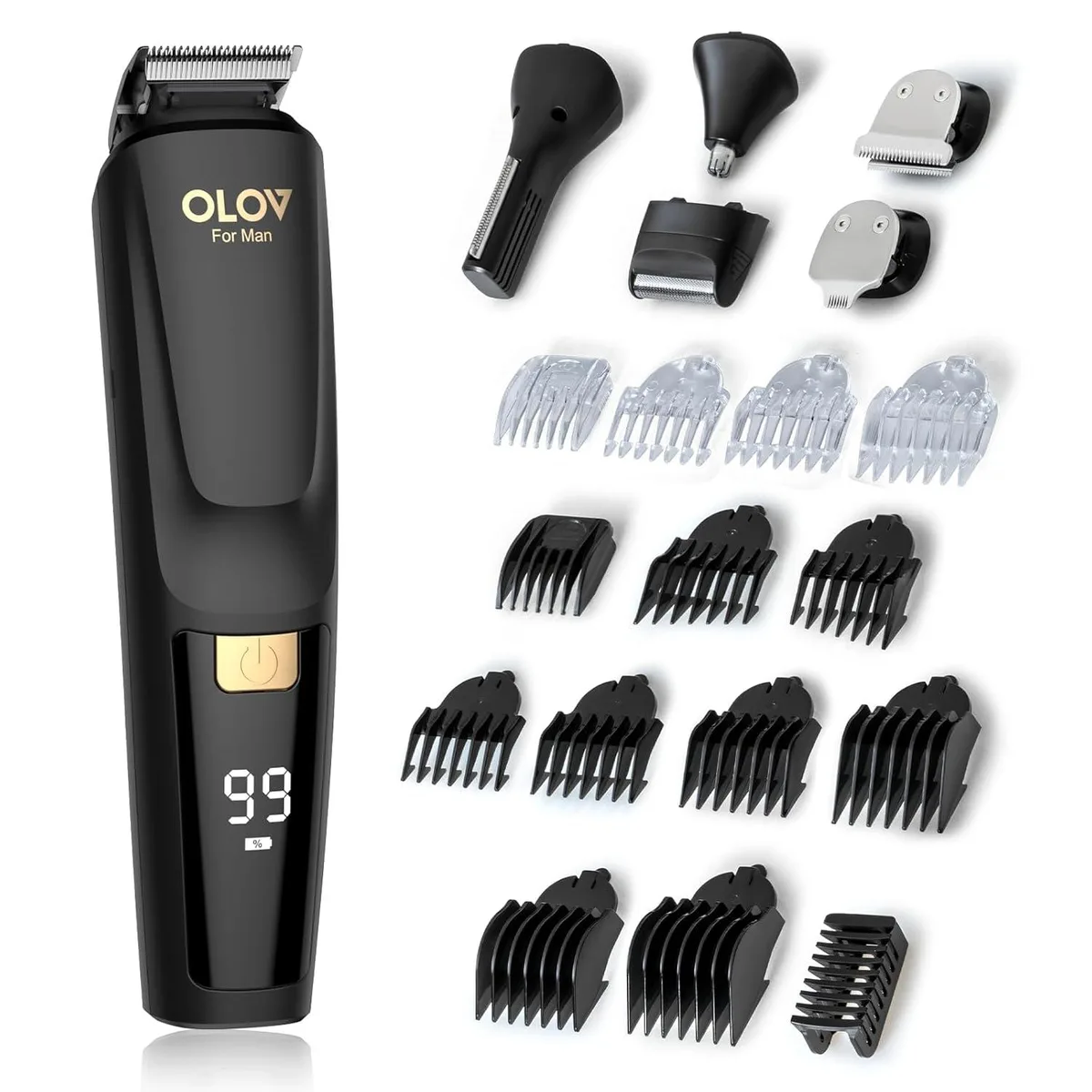 Black grooming kit with trimmer, six heads and guard combs