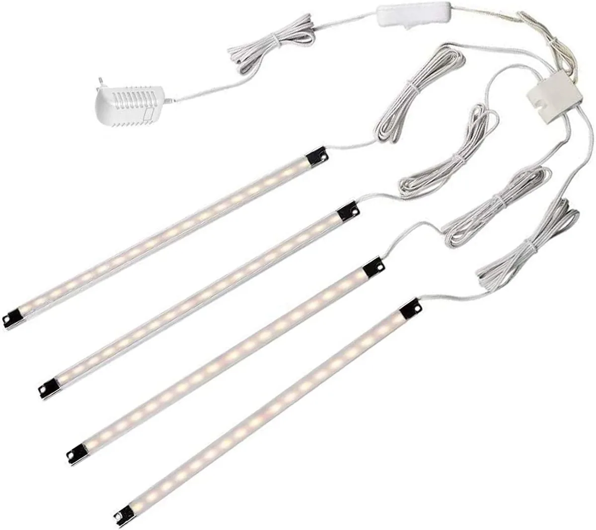 Four slim white LED bars with plug-in power supply and inline switch