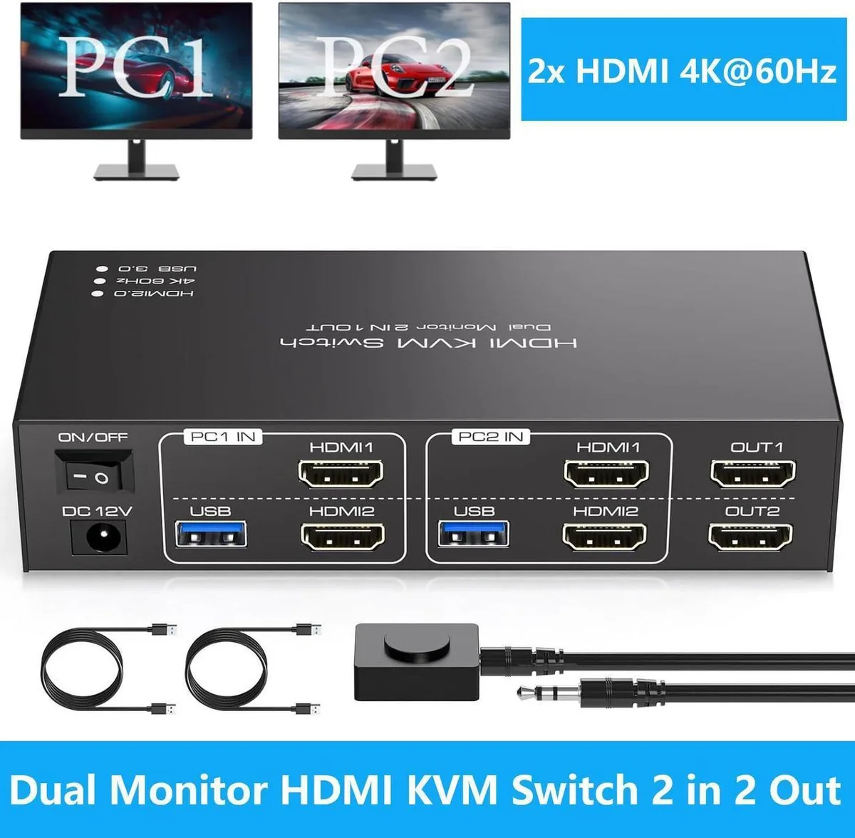 Vszerda Vszerda Dual Monitor HDMI KVM Switch 2-Port 4K@60Hz 4 USB 3.0 — product photo