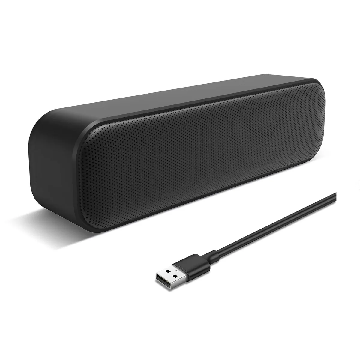 Compact black plastic soundbar with USB cable, 72 inches long