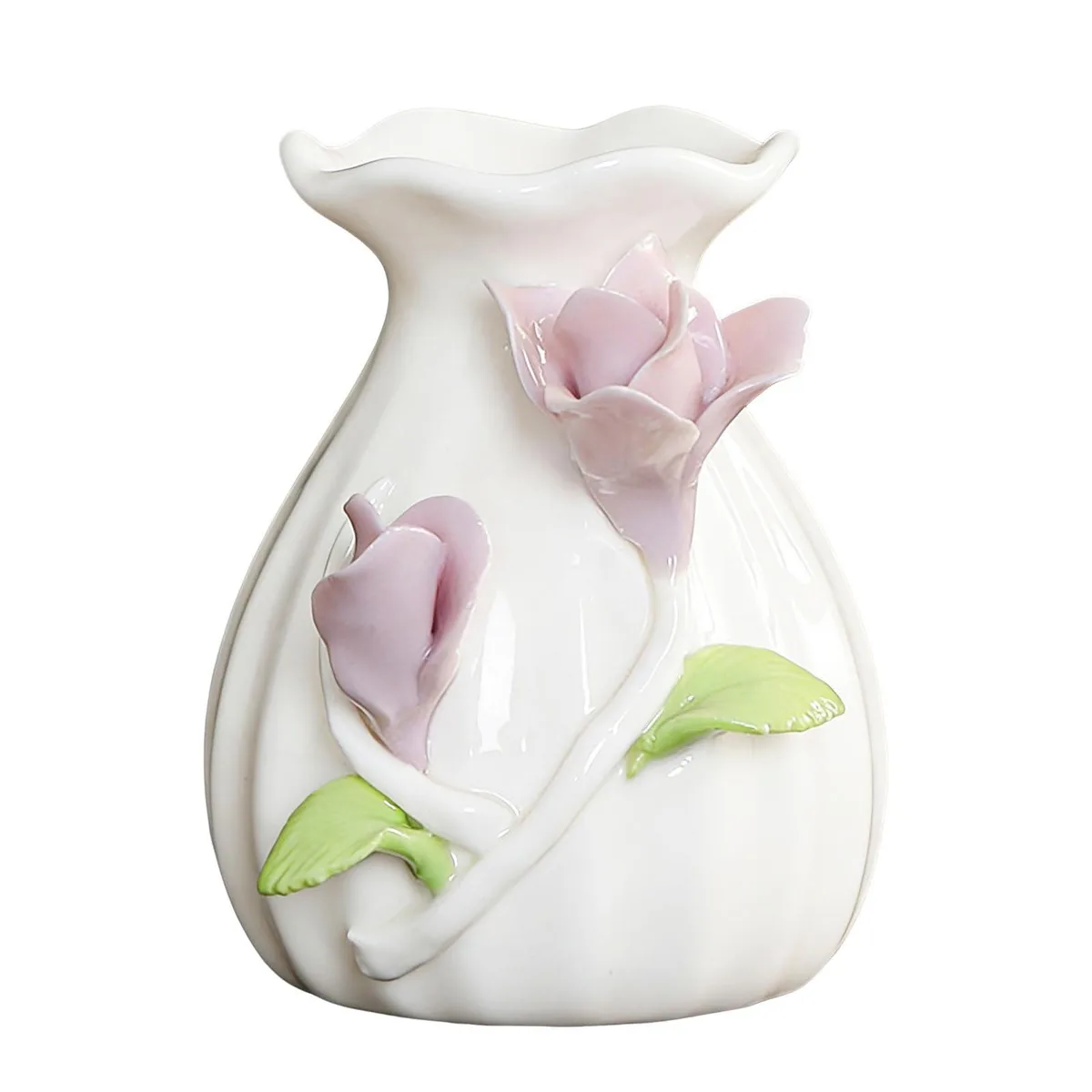 Small red ceramic vase with 3D hand-painted flowers, 3.5 inches high, 2.7 inches wide