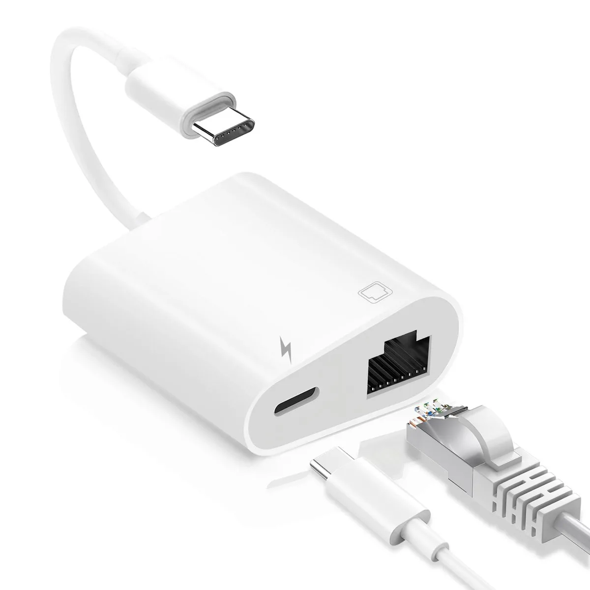 Small black USB-C dongle with RJ45 port and PD charging socket