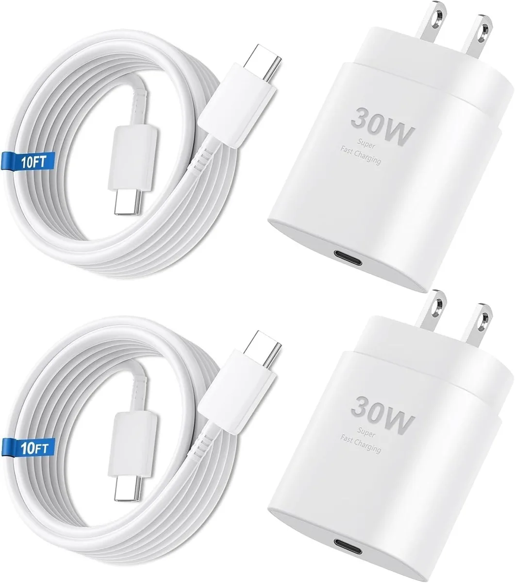 Compact white USB-C wall charger with a long white USB-C to USB-C cable attached