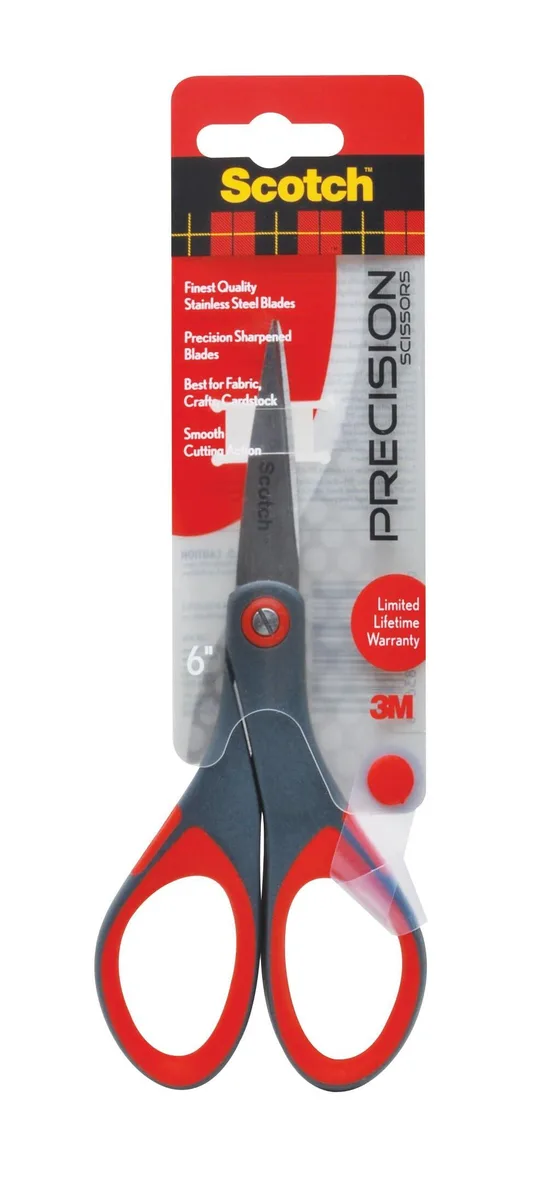 Six-inch stainless steel scissors with grey blades and red comfort-grip handles