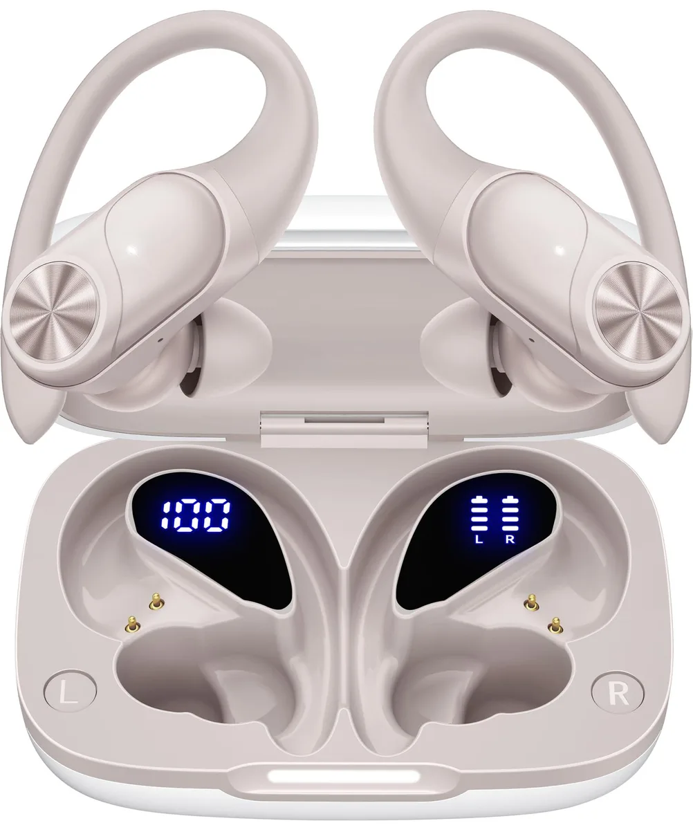 Beige over-ear earbuds with earhooks and a charging case