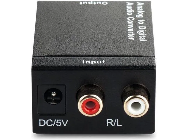 Small black box with red white RCA ports optical coaxial sockets and included cable