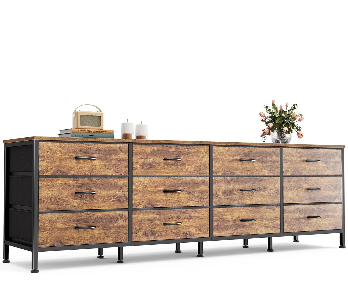 Wide rustic brown dresser with twelve fabric drawers and metal frame
