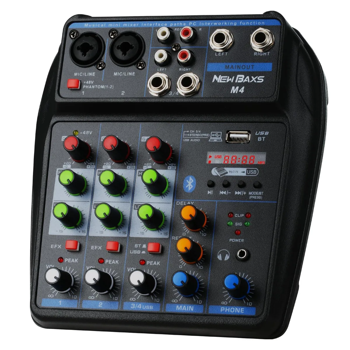  NEW BAXS Black-M4 4-Channel Audio Mixer Bluetooth USB 48V Phantom Power — product photo