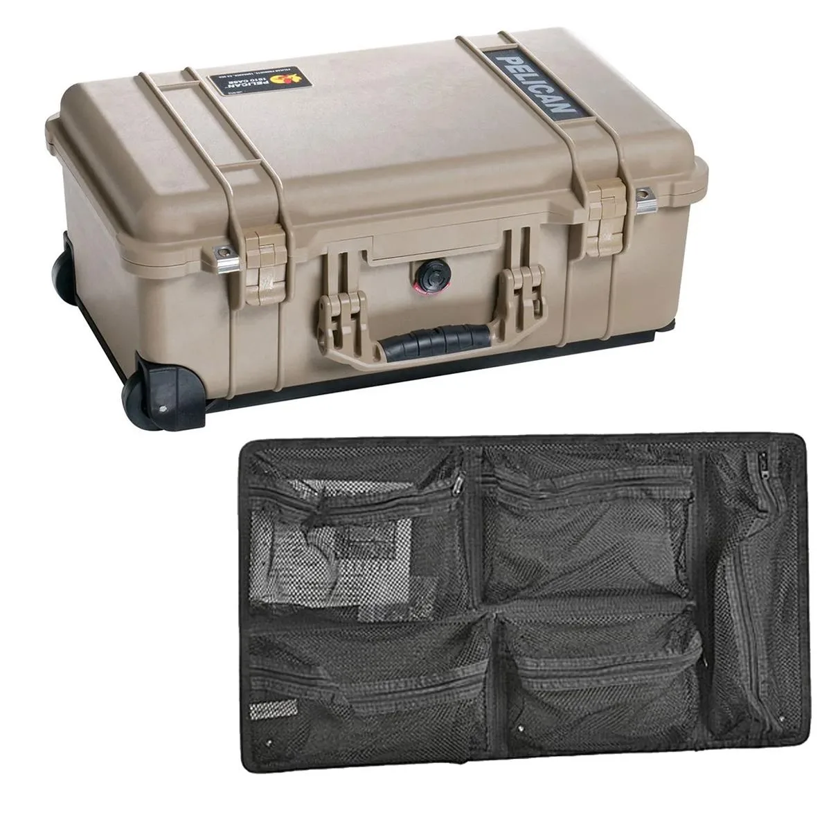 Pelican Products, Inc. Pelican 1510 Watertight Wheeled Carry On Hard Case Desert Tan Bundle with 1519 Lid Organizer camera accessory — product photo