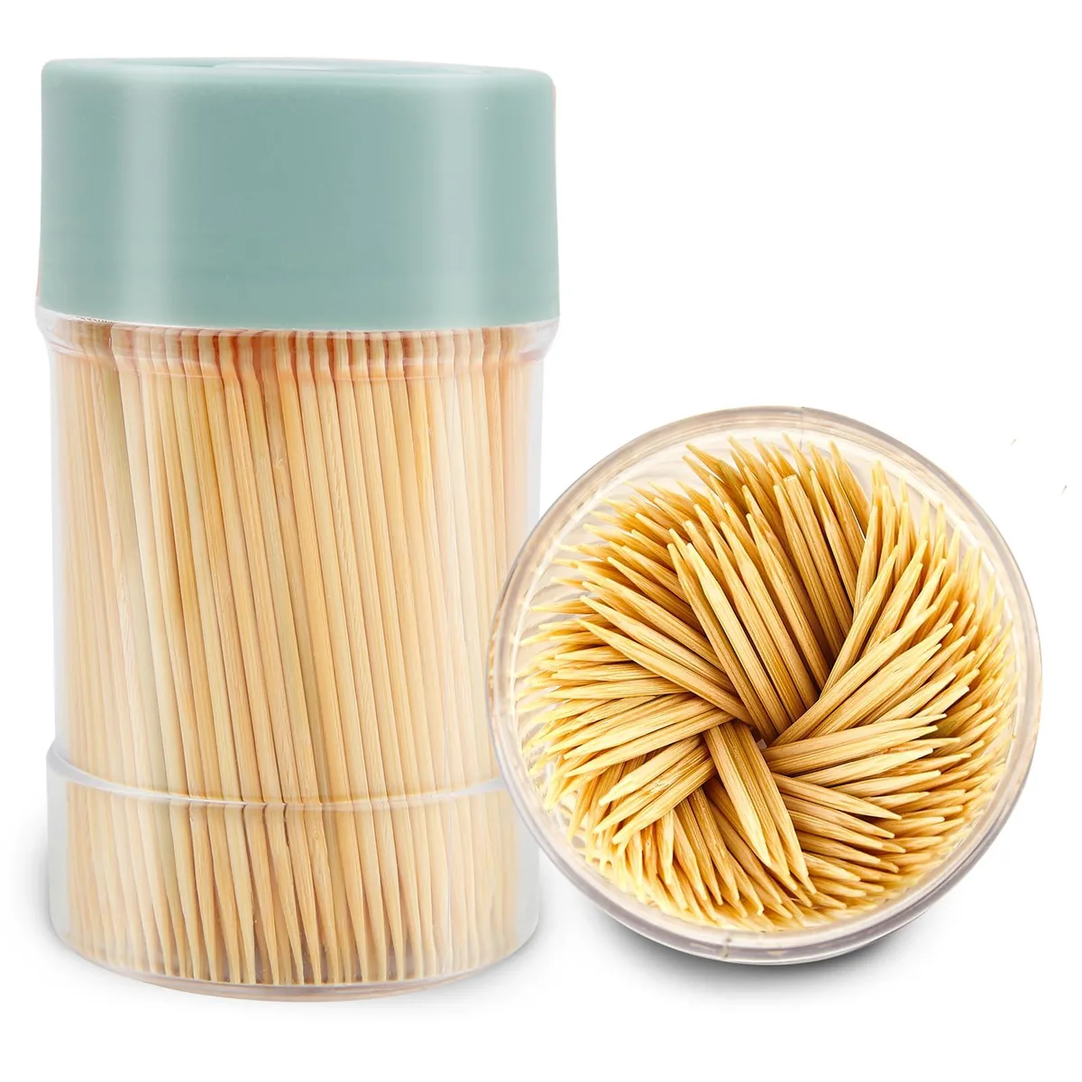 Clear holder filled with bamboo toothpick packs, silver lid on top