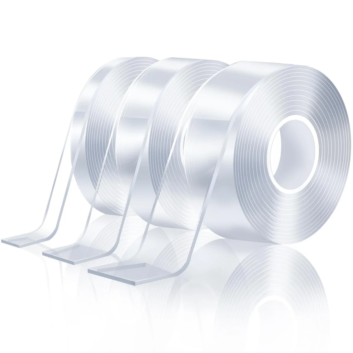 Three clear tape rolls in widths .4, .8 and 1.2 inches, total 30 feet
