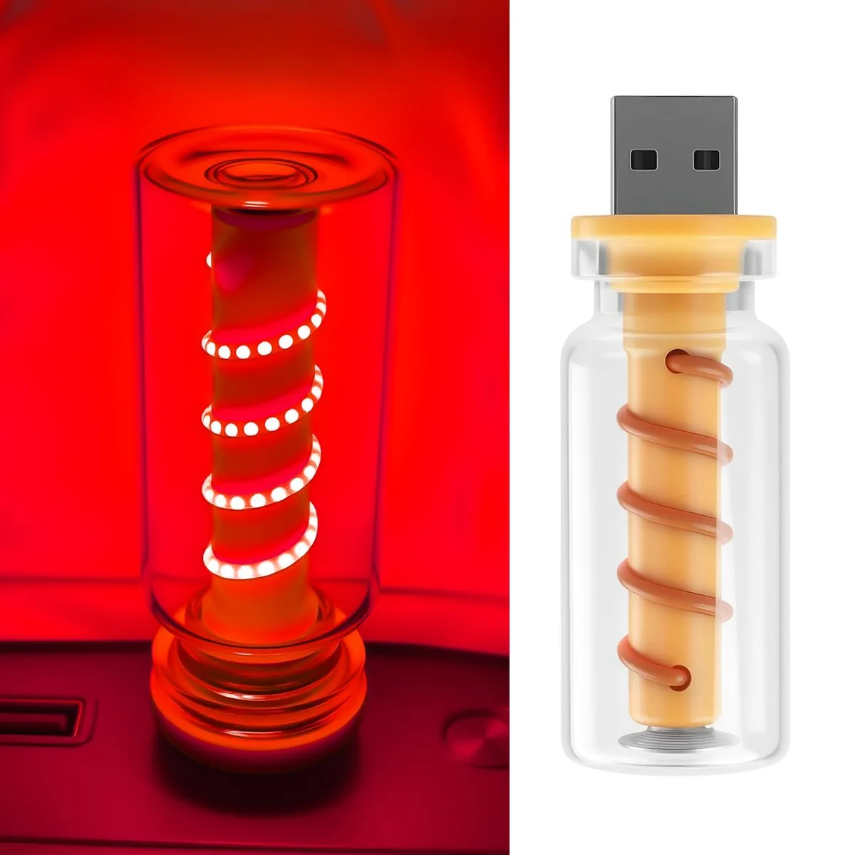 Small glass bottle LED lamp with USB plug, red light