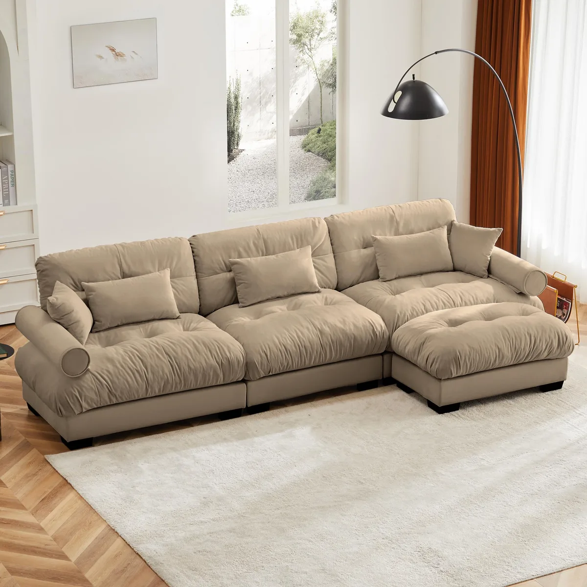 Camel velvet modular sectional with movable ottoman and bolstered armrests