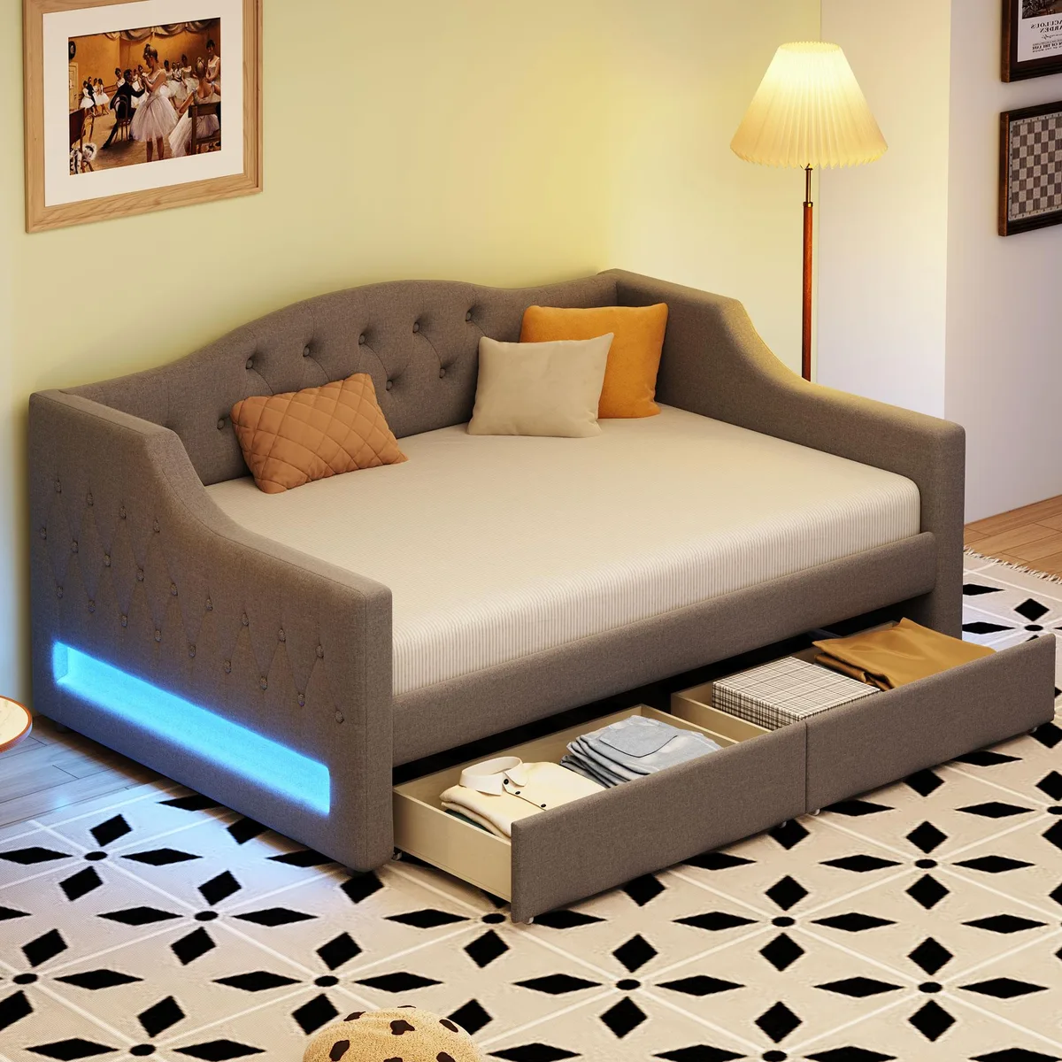 tuphen tuphen Upholstered Twin XL Daybed with LED Belt and 2 Drawers, Gray — product photo