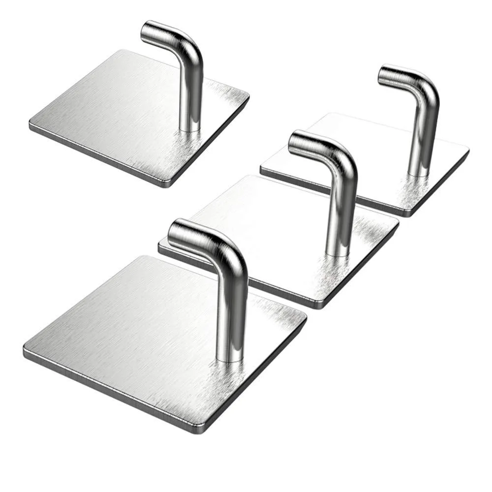 Four brushed stainless steel adhesive wall hooks with square bases