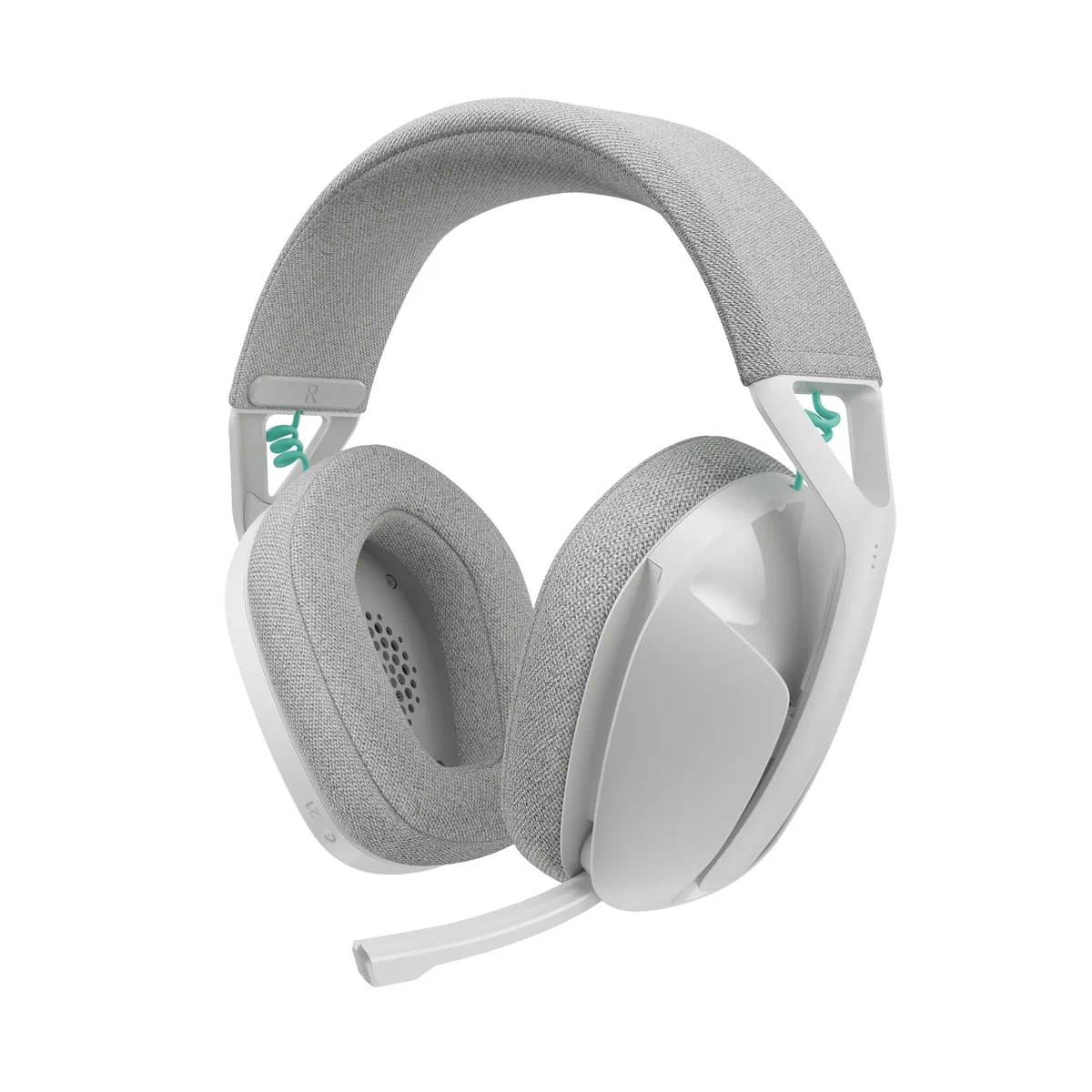 White over-ear wireless gaming headset with flip-up boom mic and knit headband