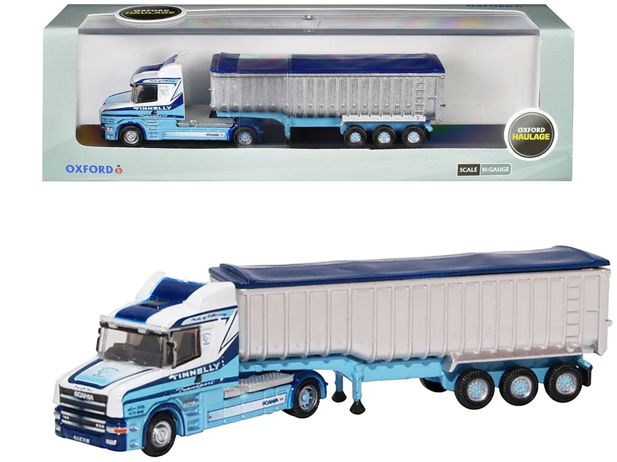 Oxford Diecast Oxford Diecast Scania T-Cab RHD Covered Trailer Tinnelly White Blue 1/148 Diecast Model — product photo