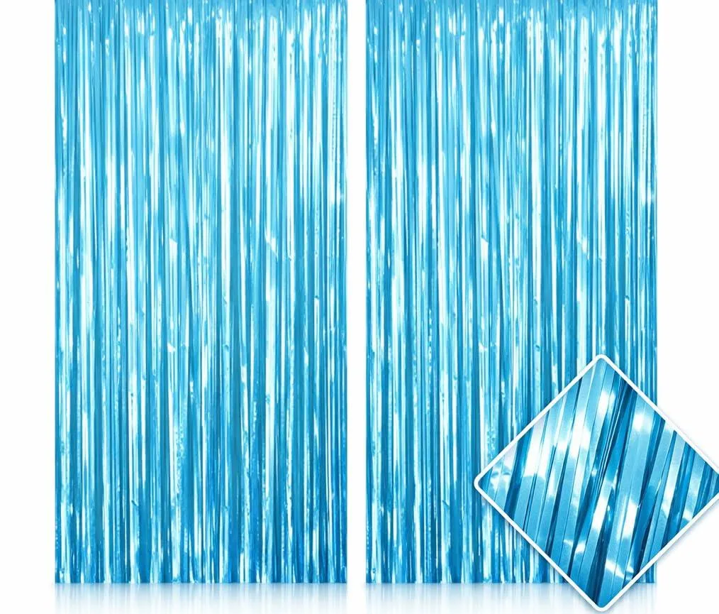 Two sky blue metallic foil fringe curtains 3.2 by 6.4 feet each