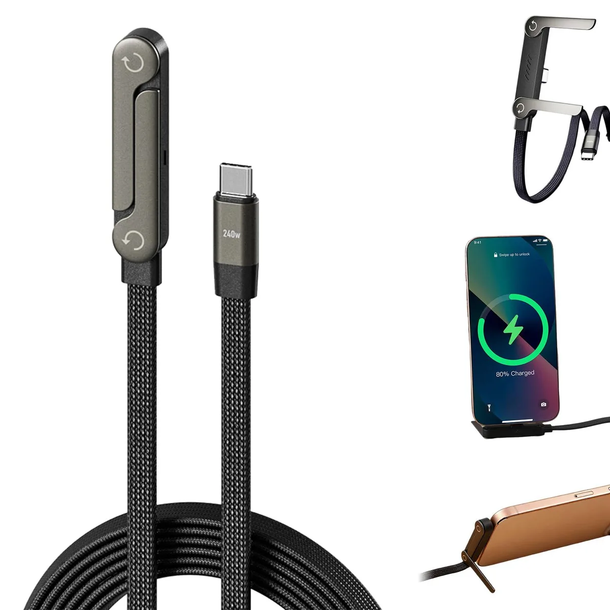 Braided USB-C cable with fold-out phone stand on the connector head