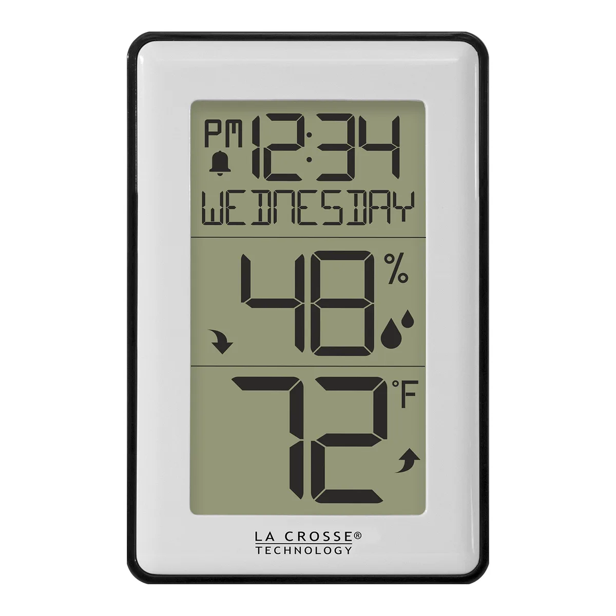 White rectangular indoor temperature station with digital display showing temperature and humidity readings