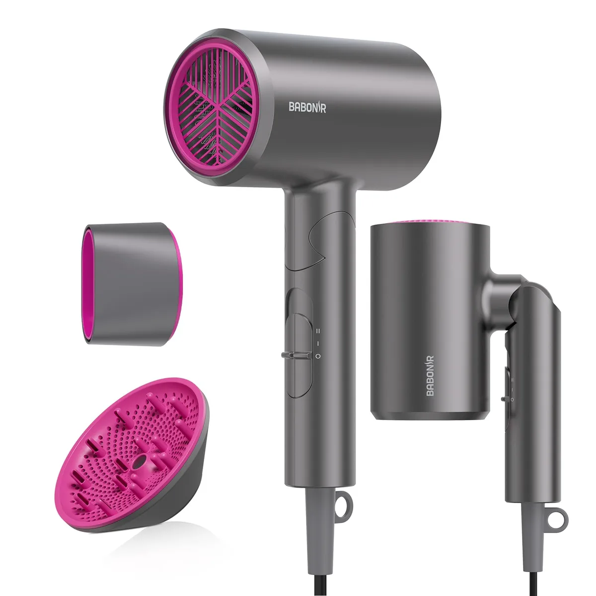 Gray foldable hair dryer with diffuser attachment and ionic label