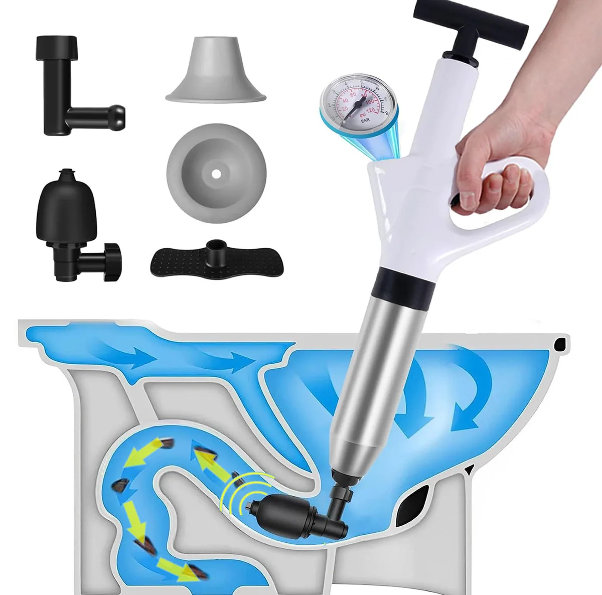 White high-pressure air toilet plunger with stainless steel barrel, ABS handle, pressure gauge and trigger