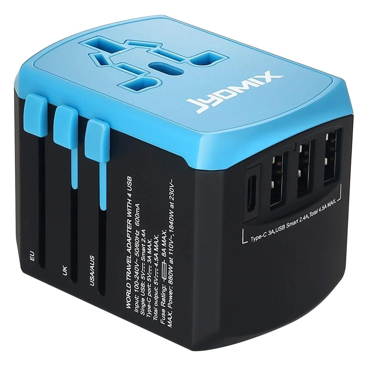 Black and light-blue cube travel adapter with sliding plug pins and four USB ports