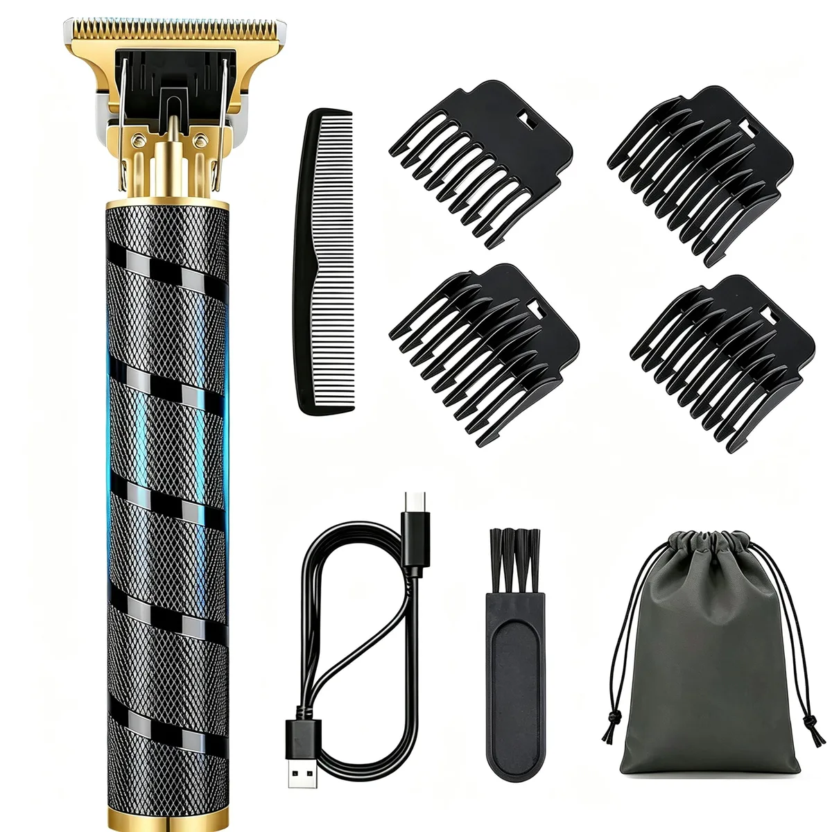 Black cordless trimmer with T-blade, four guide combs, USB-C cable and pouch
