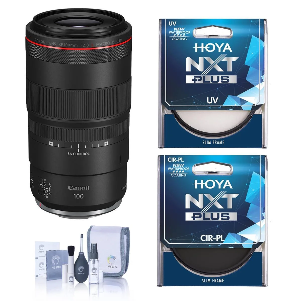 Canon Canon RF 100mm f/2.8 L Macro IS USM Lens with Hoya NXT Plus 67mm CPL UV Filters and Cleaning Kit — product photo