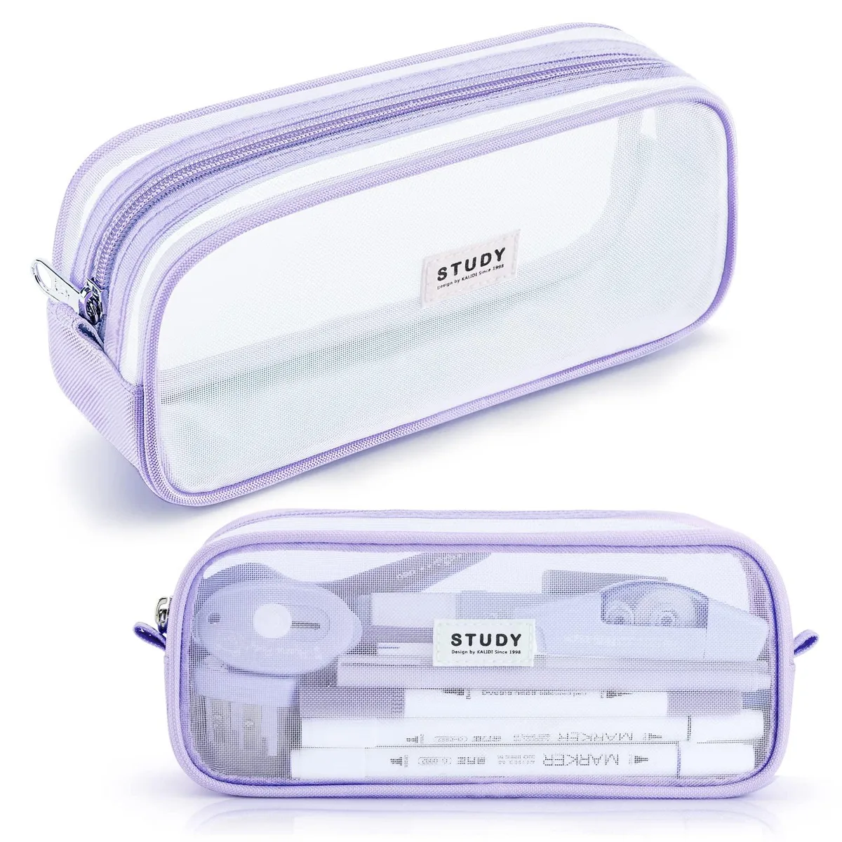 Purple nylon mesh pencil case with zipper, rectangular shape, semi-transparent grid fabric