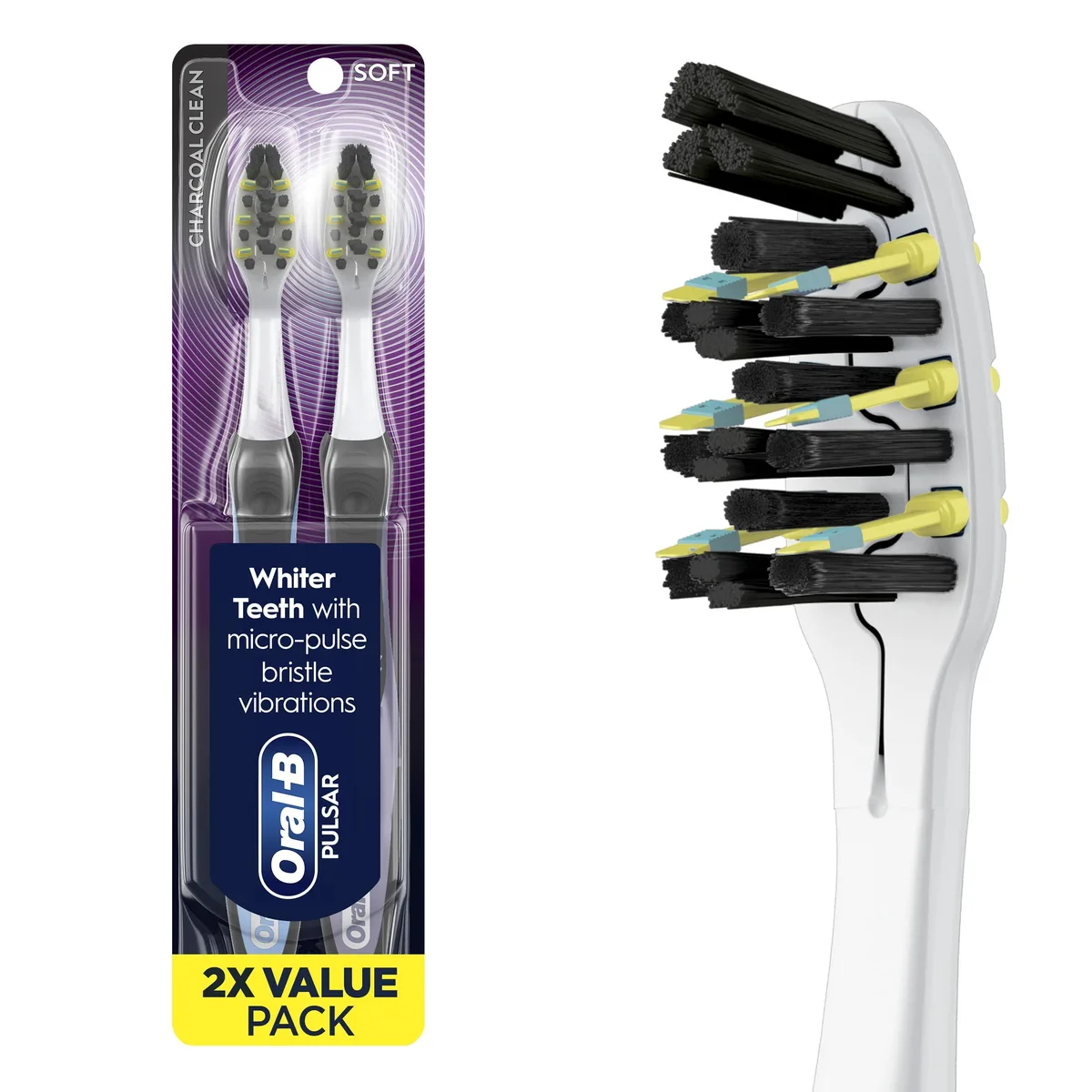 Two black plastic battery toothbrushes in a blister pack, charcoal-infused soft bristles visible